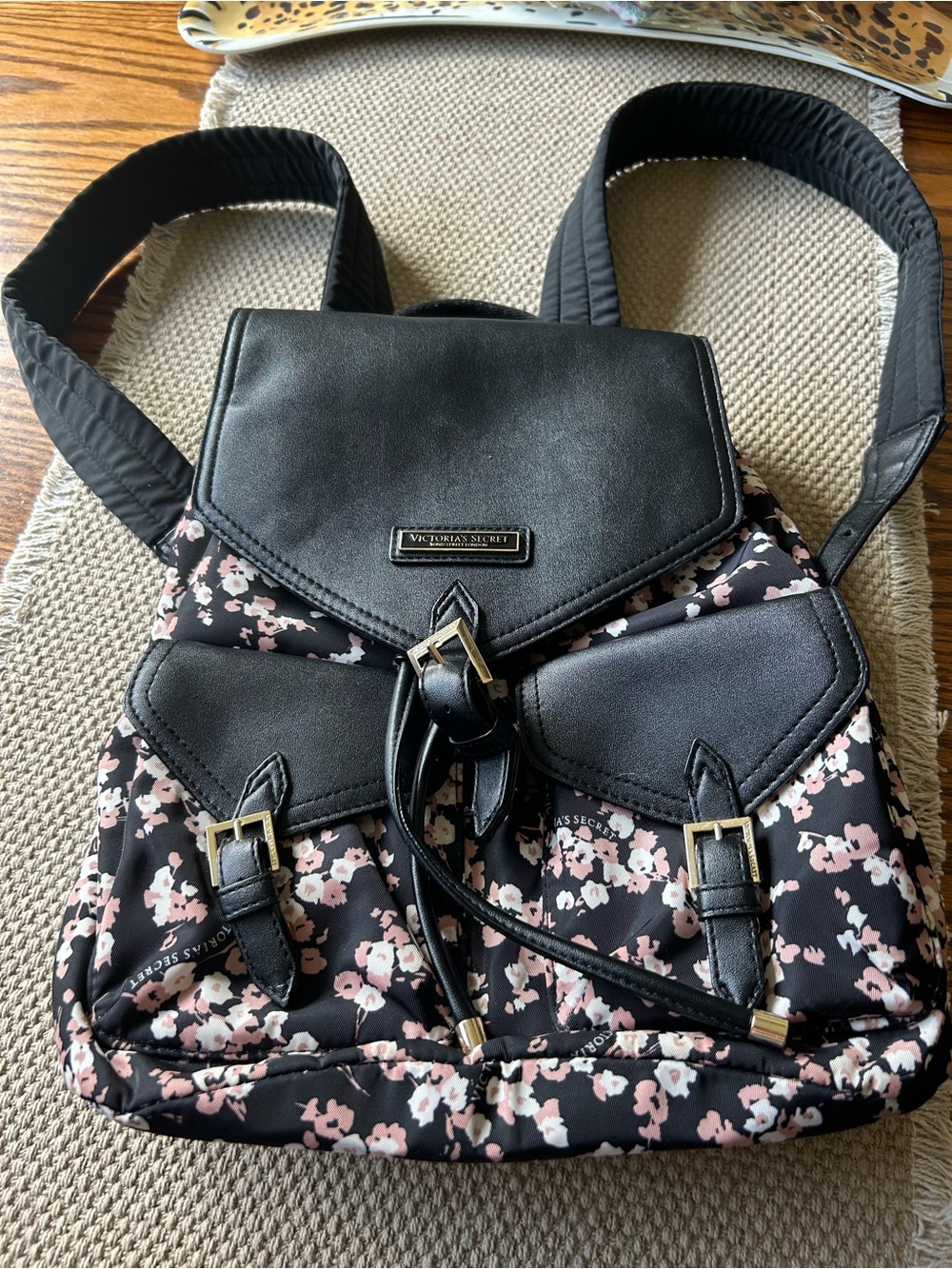 Victoria's Secret Black Floral Backpack - Black with Pink Floral